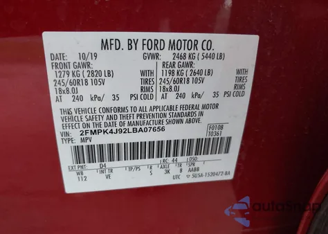 2020 Ford Edge Sel из США, поврежденный, VIN 2FMPK4J92LBA07656